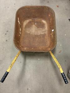 Metal Wheelbarrow, Single Wheel, Steel Tray, Yellow Frame, Approx. 6 cu ft Capacity, Heavy Rust