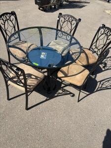 Round Glass Dining Table Set with Ornamental Metal Frame & 5 Upholstered Chairs, 44" Diameter