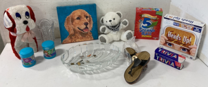 Board Games, Wall Art, Sandals, Vintage Red, & White Stuffed Dog