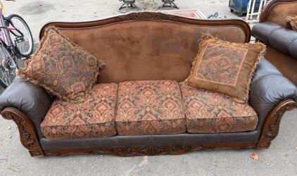 Traditional Tapestry Sofa, Loveseat & Ottoman Set - Carved Wood, Paisley Fabric, Leather Trim