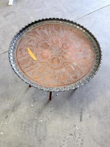Middle Eastern Brass & Copper Engraved Tray Table with Folding Wooden Base, 24" Diameter