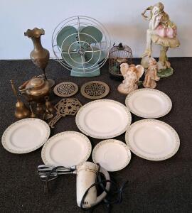 Vintage Mixed Collectibles Lot: GE Electric Fan, Hand Mixer, Ceramic Figurines, Brassware, Dinnerware, Mechanical Bird Cage