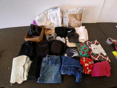 Assorted Clothing Lot: 20 Pieces, Jeans, Sweaters, Comforter, Holiday Apparel, Hangers Included