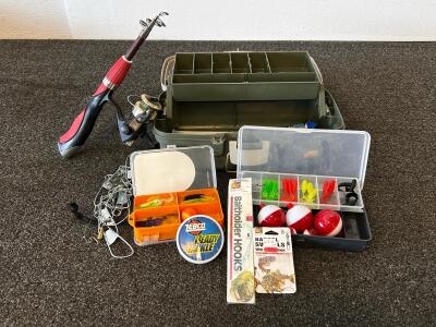 Plano The Big One Tackle Box, Telescopic Rod, WM200 Reel, Lures, Line, Swivels, Bobbers