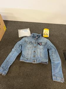 Superdry Women's Blue Denim Jacket, "Mrs. Est. 2025" White Visor, "UGH AS IF" Socks Bundle