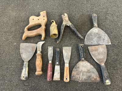 Vintage USA Putty Knives, Scrapers, Punch Pliers, Brass Hook, Saw Handle &ndash; Lot of 10 Hand Tools
