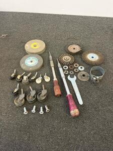 Workshop Tool Lot: Grinding & Wire Wheels, Spiral Screwdrivers, Casters, Vintage Hardware