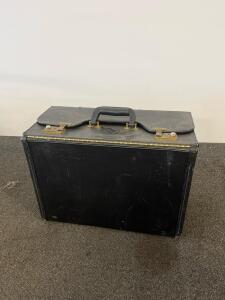 Classic Black Hard-Sided Vintage Briefcase, Gold Hardware, 18"x12", Padded Handle, Divider