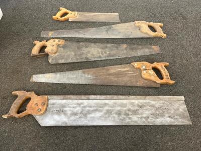 Vintage Hand Saw Set &ndash; Panel & Backsaws, Assorted Sizes 14-24", Wood Handles, Lot of 5