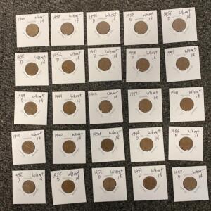 25 Lincoln Wheat Cents, 1940&ndash;1958, Denver & Philadelphia Mints, Individual 2x2 Holders