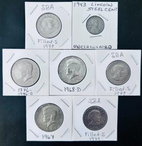 1979-S Susan B. Anthony Filled S Dollar &times;3, Kennedy Half Dollars, 1943 Steel Cent, Circulated