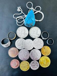 Sterling Silver Rings, Turquoise Necklace, 2 Franklin Half Dollars, 12 Vintage Tokens