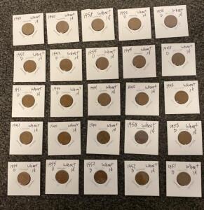Lincoln Wheat Cent Penny Lot &ndash; 25 Coins, Mixed Years 1940-1958, Various Mint Marks