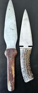 Large Fixed Blade Knives Pair &ndash; Wood & Antler Handles, Spear Point Blades, Heavy Wear