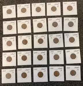Lincoln Wheat Penny Lot 1940&ndash;1958, Mixed Dates & Mints, 95% Copper, Circulated, 25 Coins
