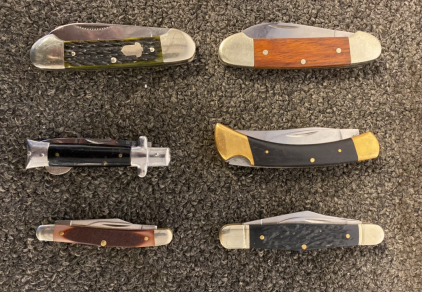 6 Folding Pocket Knives, Valor #15167 Switchblade, IMPCO Pen Knife, Multi-Blade Styles