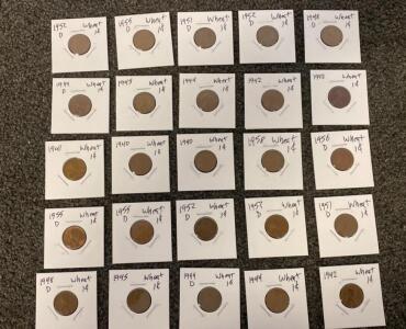 Lincoln Wheat Cent Collection, 25 Coins: 1940&ndash;1958, Mixed Mints, Copper Alloy, 1&cent;, Circulated