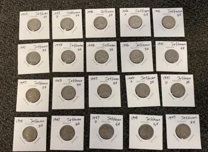 20x Early Jefferson Nickels &ndash; 1940&ndash;1948, Multiple Mint Marks, Circulated, All In 2x2 Holders