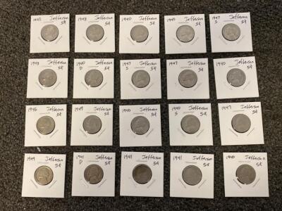 1940s Jefferson Nickel Lot - 20 Coins, Mixed Dates & Mints, 2x2 Holders