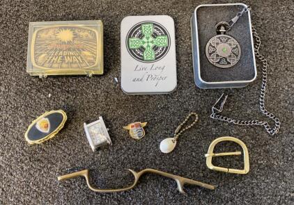 Celtic Cross Pocket Watch W/ Tin, Snap-On Leading The Way Buckle, Pins & Accessories