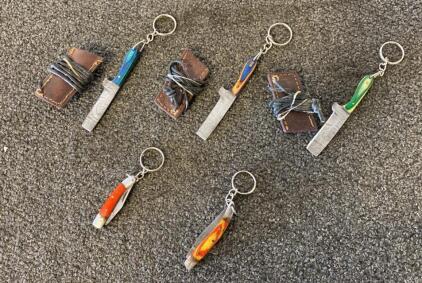 Miniature Damascus Keychain Knives Lot &ndash; Folding & Cleaver Styles, Leather Sheaths, Colorful Handles