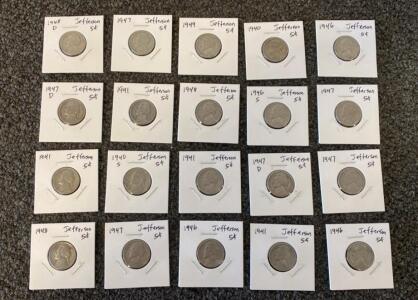 Jefferson Nickel Lot &ndash; 20 Coins, 1940&ndash;1949, Multiple Mint Marks, U.S. 5 Cent Collectible Coins