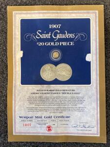 Westport Mint 10K Gold Miniature 1907 Saint Gaudens Double Eagle Replica Coin W/ Certificate #14077 ( Unable To Verify)