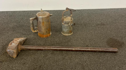 Vintage Heavy Steel Sledgehammer 30 In, 8 lb Head With Two Rusted Pressure Oil Cans, Industrial