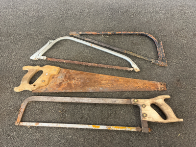 Vintage Hand Saw Lot: 2 Bow Saws (21", 24"), 26" Panel Saw, 12" Wood-Handled Hacksaw