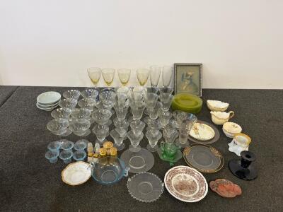 Vintage Mixed Glassware & Ceramic Lot &ndash; 50 Pieces, Depression Glass, Hand-Painted, Plates & Cups