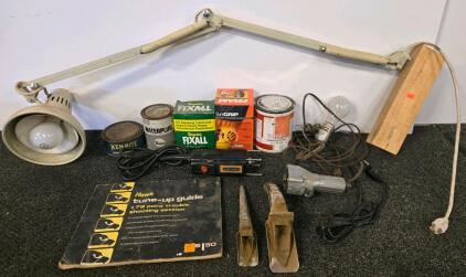 Vintage Garage Tool Lot: Craftsman Tester, 2 Work Lights, Hawk Guide, Margin Trowels, Auto Chemicals & More