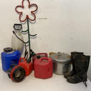 Mixed Lot: Gas Cans, Rubber Boots Size 7, Pressure Canner, Garden Sprayer, Metal Flower, Blower