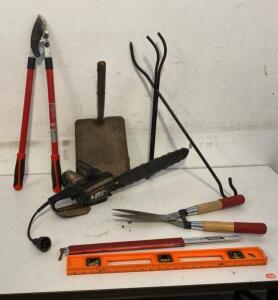 Bundle of Garden Tools: Electric Chainsaw ( Powers On ), Hedge Shears, Loppers, Sven Saw, Shovel, Level