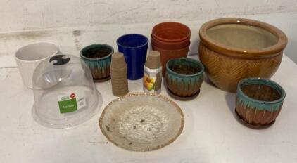 Assorted Planters & Pots Lot &ndash; Ceramic, Plastic, Peat Pots, Plant Cloche, 13+ Pieces