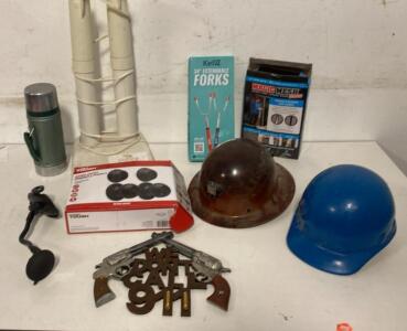Vintage Fiberglass Full Brim Hard Hat, Blue Plastic Helmet & Wall Decor Mixed Lot