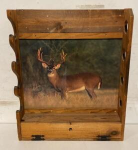4-Gun Wall-Mounted Wooden Rifle Rack with Deer Artwork, Hinged Storage Compartment