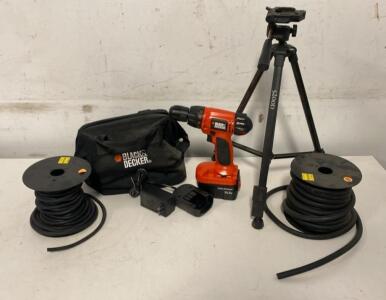 BLACK+DECKER Firestorm 14.4V Drill( Powers On ), 5200D Tripod, 2 Vacuum Hose Spools, Accessories, Bag