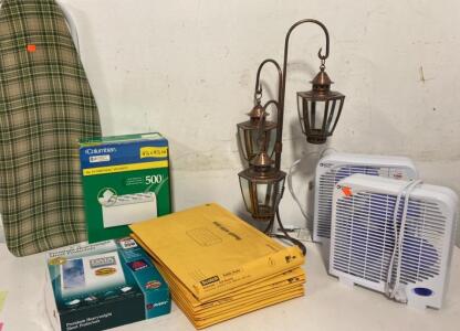 Comfort Zone 9" Box Fans, Triple Lantern Table Lamp, Tabletop Ironing Board, Office Supply Lot