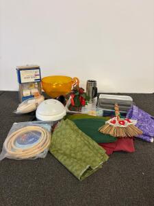 Household & Craft Lot: Bigelow Tea Chest, Mainstays Diffuser, Vintage Bowl, Soap Kit, Fabrics