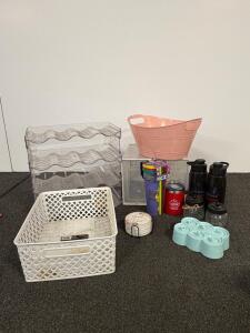 Assorted Kitchen & Storage Lot: Mainstays Basket, TAL Tumblers, Wine Rack, Glass Jars, Organizer