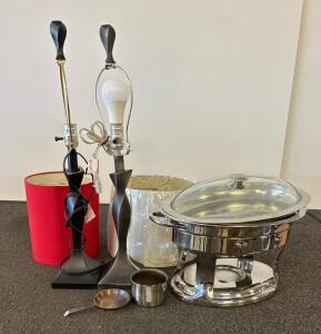 Modern Black Table Lamps Pair with Red & White Shades and 8qt Stainless Steel Oval Chafing Dish