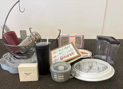 Large Mixed Kitchenware & Home Decor Lot &ndash; Wine Glasses, Clock, Frames, Trays, Tumblers, Baskets