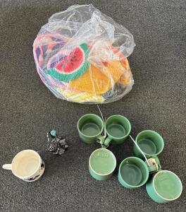 Lot of 6 WCL Green Stoneware Mugs, Washington DC Panda Mug, Knitted Pot Holders, Crane Incense Holder