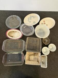 Pyrex Glass Bakeware, Vintage Ceramic Platters, Juicer & Bowls