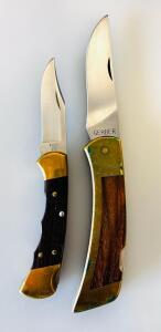 Buck 112V & Gerber Folding Hunter Pocket Knives, Lockback, Brass & Wood, USA
