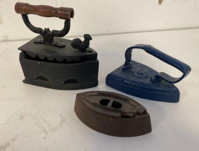 Antique Cast Iron Sad, Flat & Charcoal Box Irons &ndash; Ornate Handles, 3-Piece Set, 19th&ndash;20th Century