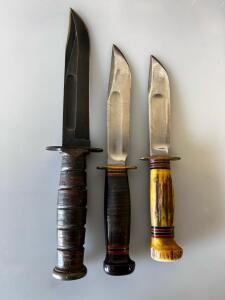 WWII Camillus U.S. Mark 2 Combat Knife & 2 Vintage Marble's Gladstone Hunting Knives, Stag & Leather