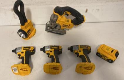 DEWALT Cordless Power Tool Lot: 3x DCF885 Impact Drivers, DCS331 Jig Saw, Work Light, 20V Battery ( Unable to Test )