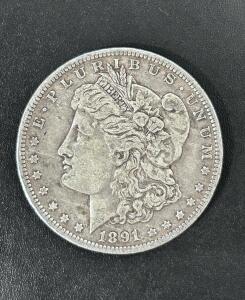 1891 Morgan Silver Dollar, Philadelphia Mint, 90% Silver, Circulated