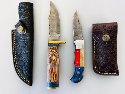 Custom Damascus Steel Hunting Knife Set, Wood & Multicolor Handles, Leather Sheaths Included